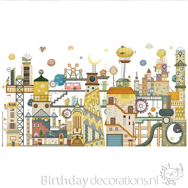 Koop nu de Galactische Ruimtestad Muursticker - Kinderkamer wanddecoratie - Babykamer decoratie - Muurdecoratie - Decoratie sticker van BirthdayDecorations.nl Zelfklevende muursticker voor baby en kinderkamer