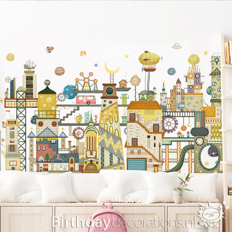Koop nu de Galactische Ruimtestad Muursticker - Kinderkamer wanddecoratie - Babykamer decoratie - Muurdecoratie - Decoratie sticker van BirthdayDecorations.nl Zelfklevende muursticker voor baby en kinderkamer