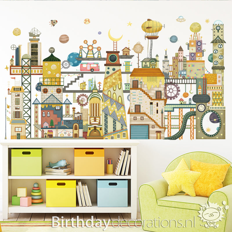 Koop nu de Galactische Ruimtestad Muursticker - Kinderkamer wanddecoratie - Babykamer decoratie - Muurdecoratie - Decoratie sticker van BirthdayDecorations.nl Zelfklevende muursticker voor baby en kinderkamer