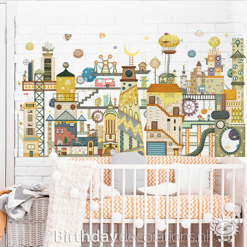 Koop nu de Galactische Ruimtestad Muursticker - Kinderkamer wanddecoratie - Babykamer decoratie - Muurdecoratie - Decoratie sticker van BirthdayDecorations.nl Zelfklevende muursticker voor baby en kinderkamer