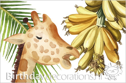 Koop nu de Giraffe bij bananenboom muursticker! Kinderkamer wanddecoratie - Babykamer decoratie - Muurdecoratie - Decoratie sticker van BirthdayDecorations.nl Zelfklevende muursticker voor baby en kinderkamer