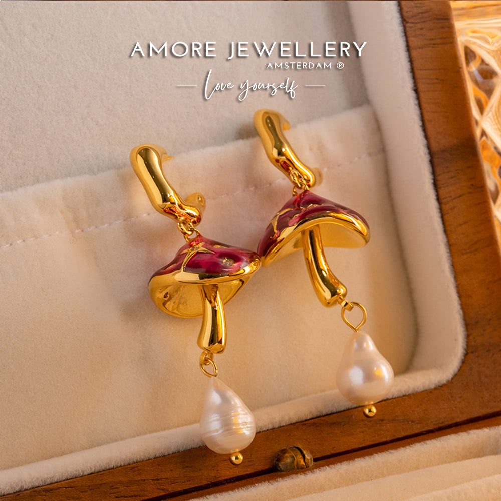 "Buy now the Retro Mushroom Natural Pearls Earrings from Amore Jewellery! These gold-plated retro earrings with natural pearls have a whimsical design!"