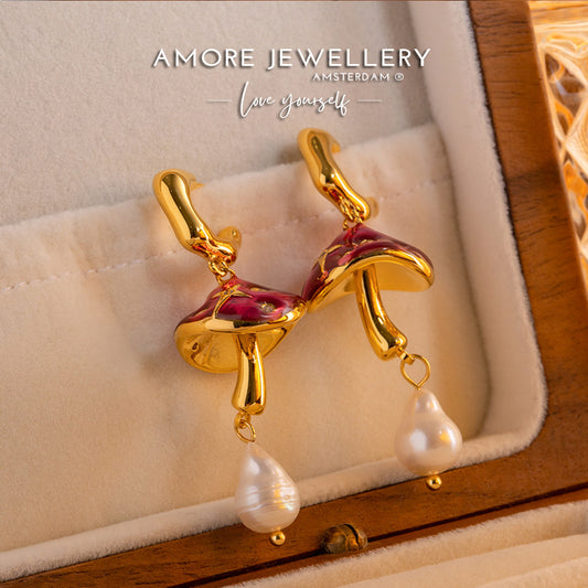 "Buy now the Retro Mushroom Natural Pearls Earrings from Amore Jewellery! These gold-plated retro earrings with natural pearls have a whimsical design!"