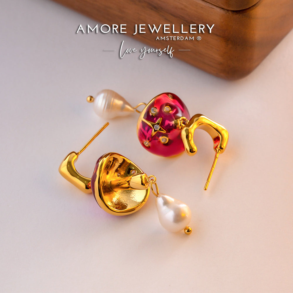 "Buy now the Retro Mushroom Natural Pearls Earrings from Amore Jewellery! These gold-plated retro earrings with natural pearls have a whimsical design!"