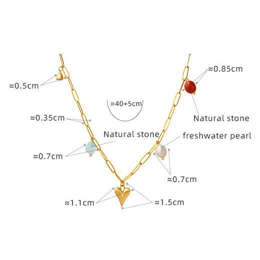 Shop now the exquisite Love Heart with Pearls and Stones Necklace from Amore Jewellery! This gold-plated necklace features a captivating golden heart pendant adorned with natural stones and a genuine natural freshwater pearl. Embrace elegance and romance with this enchanting design."