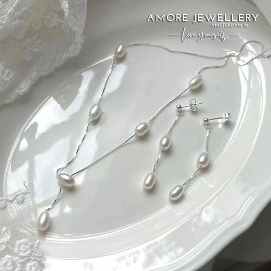 Buy now the Elegant Handmade Silver Pearl Necklace and Earrings Set from Amore Jewelery