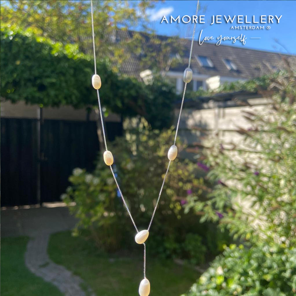 Buy now the Elegant Handmade Silver Pearl Necklace and Earrings Set from Amore Jewelery