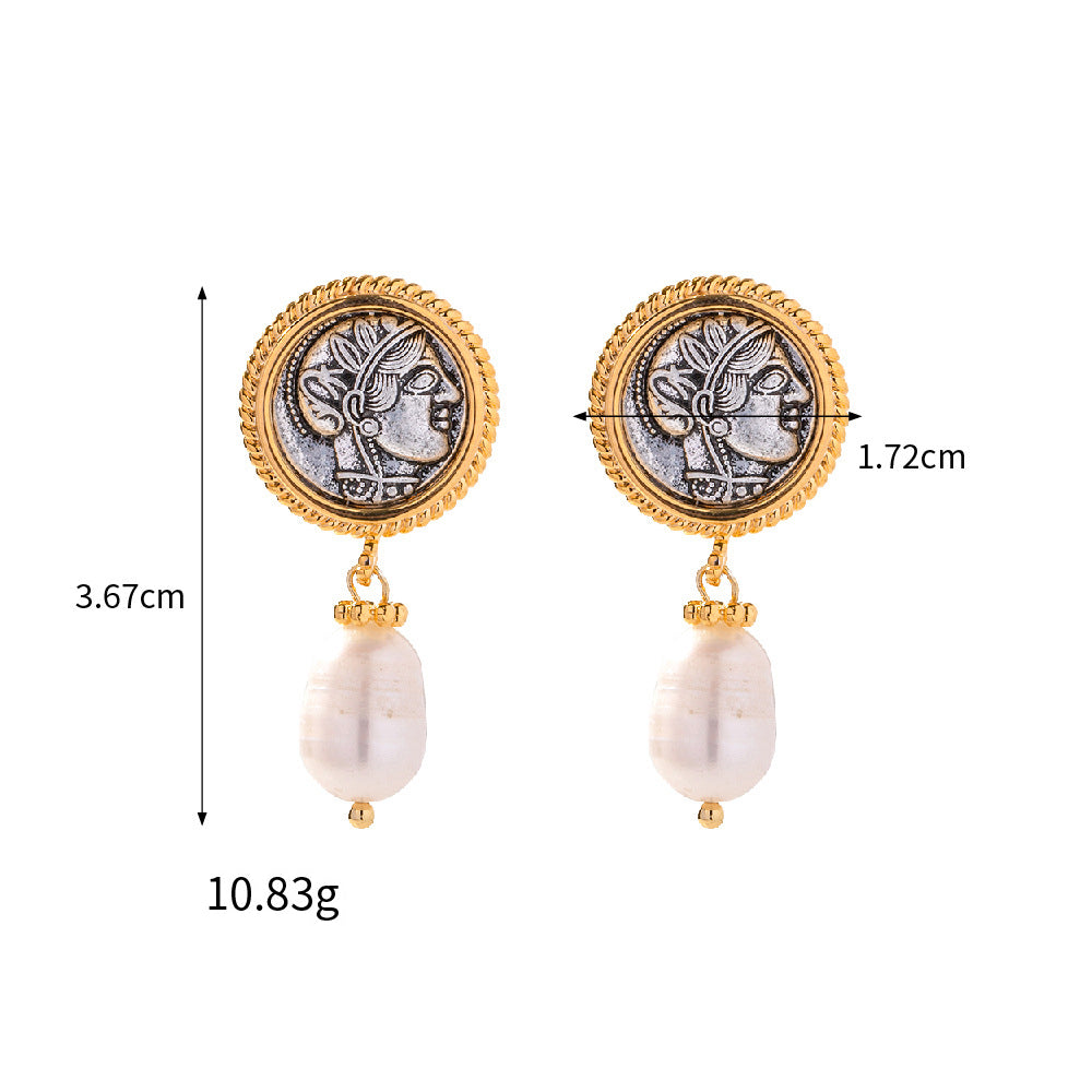 Buy now the beautiful Vintage ancient coin earrings with pearl pendant from Amore Jewellery