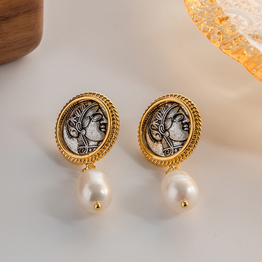 Buy now the beautiful Vintage ancient coin earrings with pearl pendant from Amore Jewellery