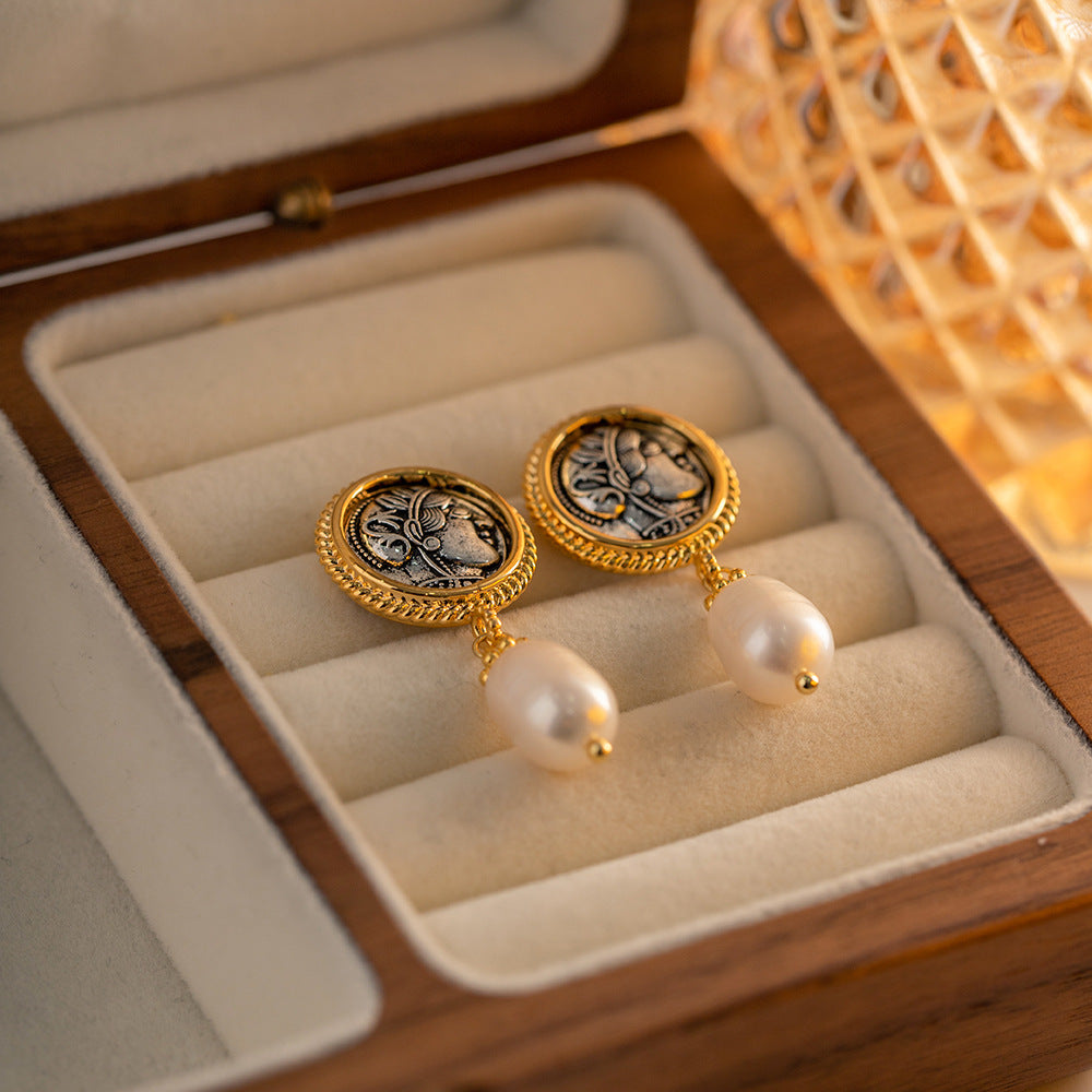 Buy now the beautiful Vintage ancient coin earrings with pearl pendant from Amore Jewellery
