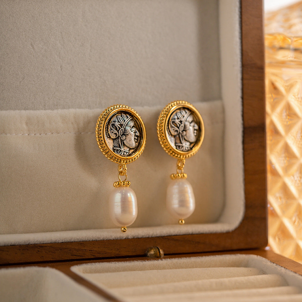 Buy now the beautiful Vintage ancient coin earrings with pearl pendant from Amore Jewellery