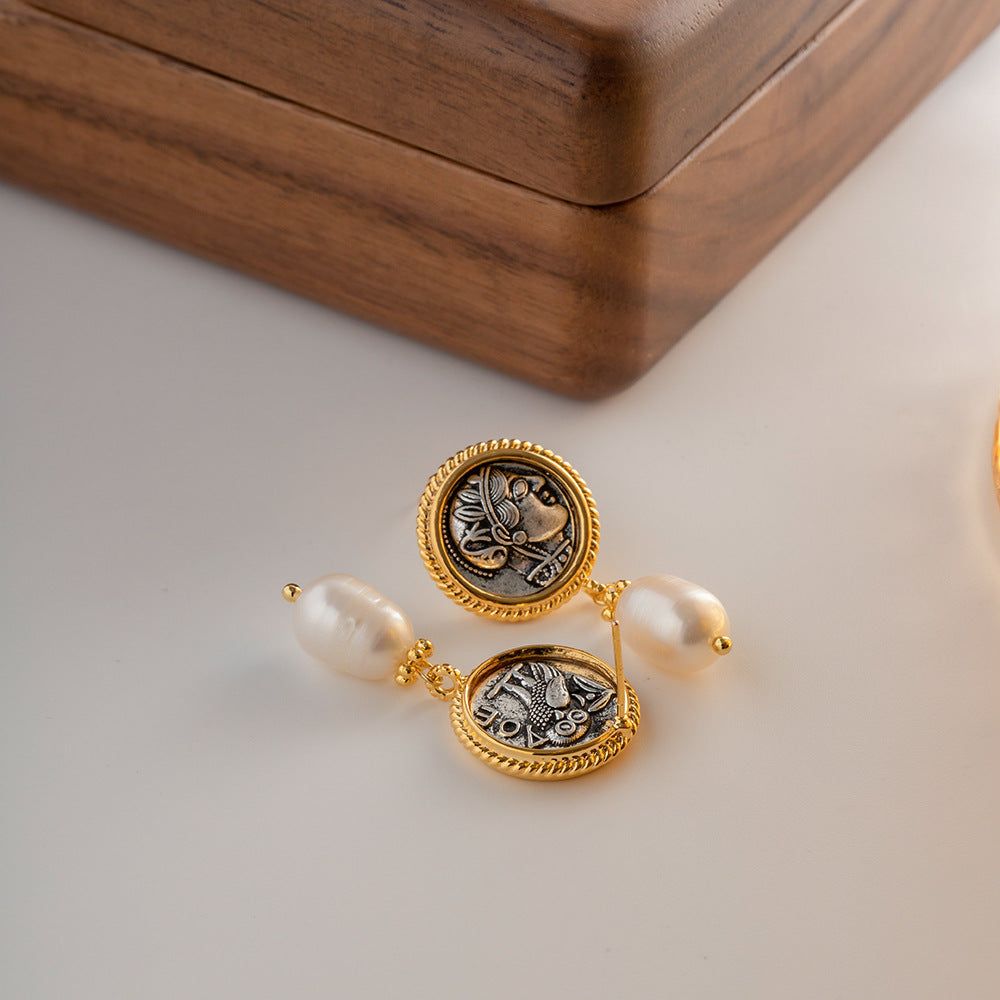 Buy now the beautiful Vintage ancient coin earrings with pearl pendant from Amore Jewellery