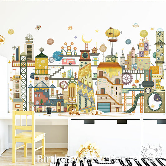 Koop nu de Galactische Ruimtestad Muursticker - Kinderkamer wanddecoratie - Babykamer decoratie - Muurdecoratie - Decoratie sticker van BirthdayDecorations.nl Zelfklevende muursticker voor baby en kinderkamer