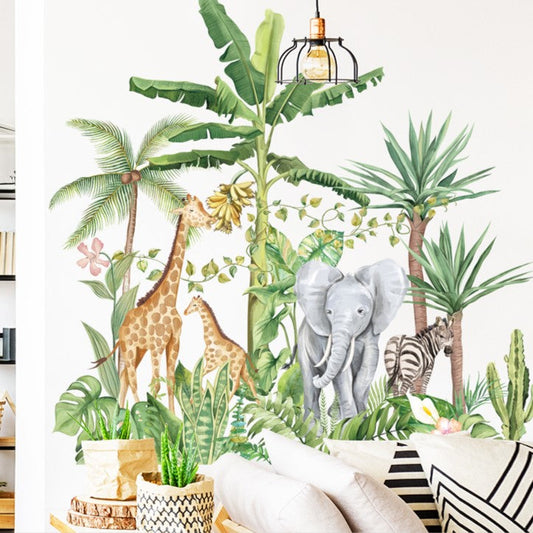 Koop nu de Giraffe bij bananenboom muursticker! Kinderkamer wanddecoratie - Babykamer decoratie - Muurdecoratie - Decoratie sticker van BirthdayDecorations.nl Zelfklevende muursticker voor baby en kinderkamer